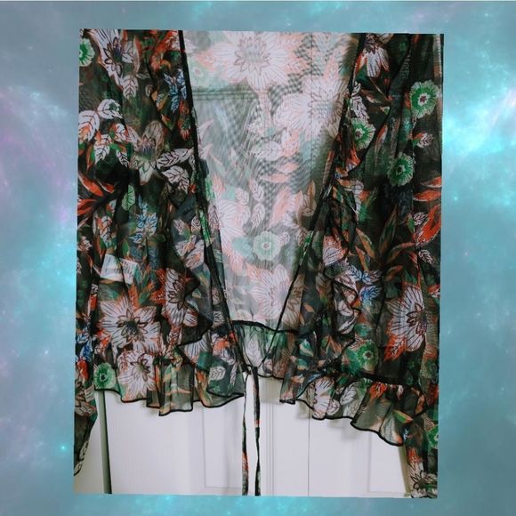 Floral Sheer Blouse - Black, Green, Orange - Picture 5 of 11